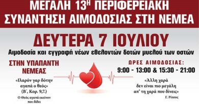 Μεγάλη εθελοντική αιμοδοσία στη Νεμέα, Δευτέρα 7 Ιουλίου, στον Ιερό Ναό της Υπαπαντής