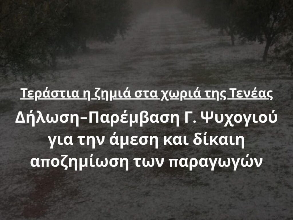 Γ. Ψυχογιός: Τεράστια η ζημιά στα χωριά της Τενέας. Επίκαιρη Ερώτηση για την άμεση και δίκαιη αποζημίωση των παραγωγών