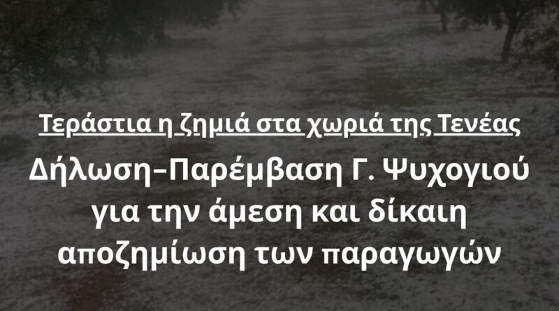 Γ. Ψυχογιός: Τεράστια η ζημιά στα χωριά της Τενέας. Επίκαιρη Ερώτηση για την άμεση και δίκαιη αποζημίωση των παραγωγών