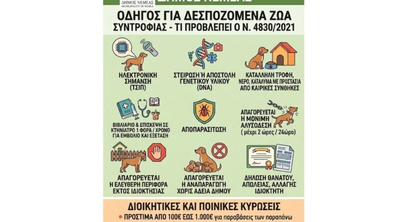 Δήμος Νεμέας: Οδηγός για δεσποζόμενα ζώα συντροφιάς